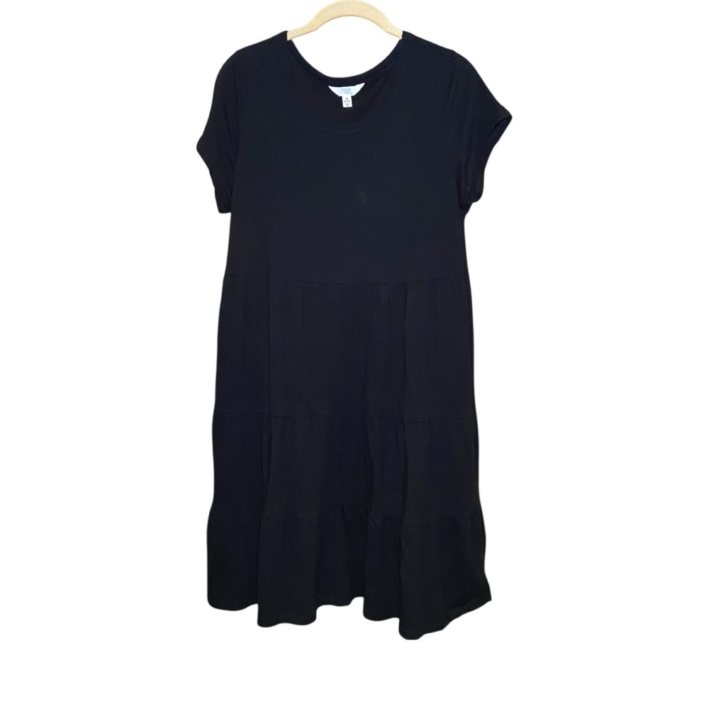 100% Cotton Tiered Knit Babydoll Short Sleeve A-Line Dress Pockets Medium - Picture 3 of 5